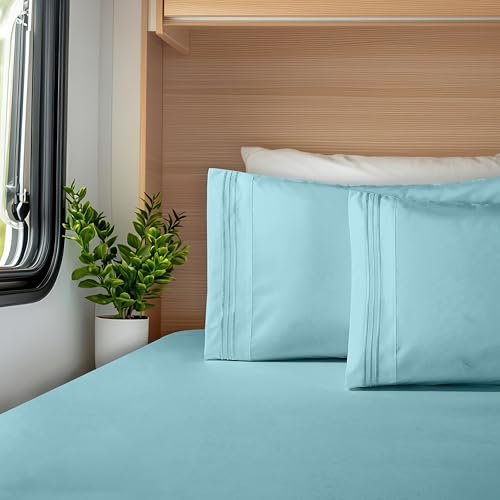 Image of Elegant Comfort Luxurious 1500 Premium Hotel Quality Microfiber Three Line Embroidered Softest 4-Piece Bed Sheet Set, Wrinkle and Fade Resistant, RV Short Queen, Aqua
