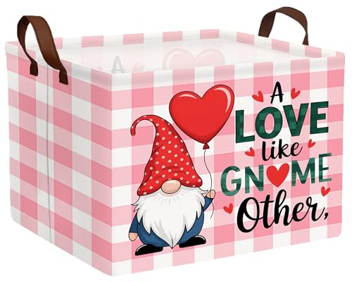 Image of Valentines Day Basket for Kids Heart Shaped Empty Storage Bins for Gifts with Handles Room Decor (Pink Grid Gnome Balloon Love)