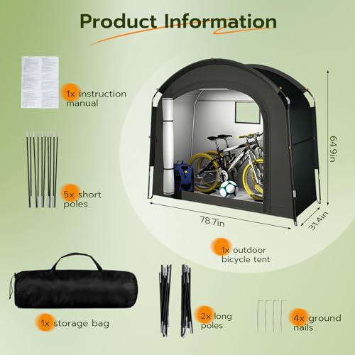 Fahrradzelt für 2-3 Fahrräder, Tragbare Fahrradgarage 200x80x165cm,mit 420D Oxford Gewebe PU4000 Wasserdicht Tragbar Camping Beistellzelt Fahrrad Garage Gerätezelt Outdoor Fahrradabdeckung Gartenzelt