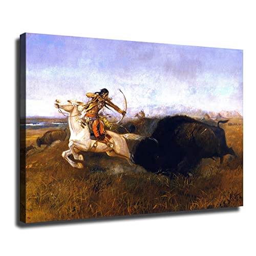 Wall Decor Indians Hunting Buffalo Poster Wall Art Printing Picture Canvas Home Decor Room Decor Painting (8X12Inch-Framed) #TOP11