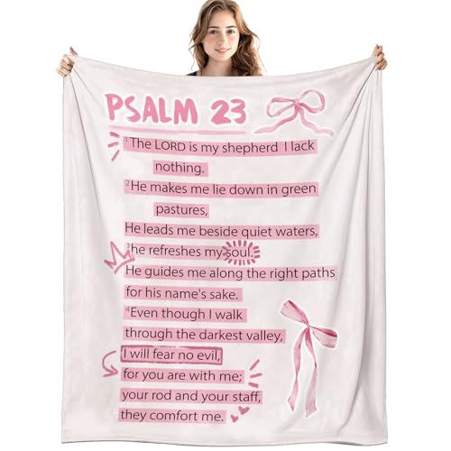 LIANGW Coquette Pink Bow Christian Blanket, Psalm 23 Bible Verse Throw Blankets for Girly Room Bedroom Dorm Couch Bed Decor, Preppy Religious Blanket, Christian Gifts for Women Girls, 50x60 Inch