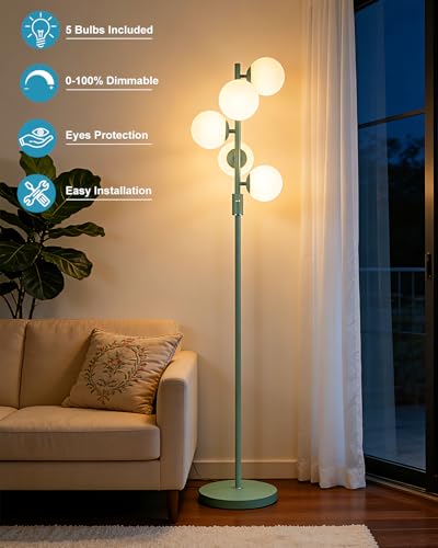Image of Lightdot Dimmable Globe Floor Lamp Mid Century Modern Floor Lamp with 5Pcs 3000K G9 Bulbs Stepless Brightness Adjustable Green Standing Lamps with 5Lbs Heavy Base for Living Room Bedroom Office