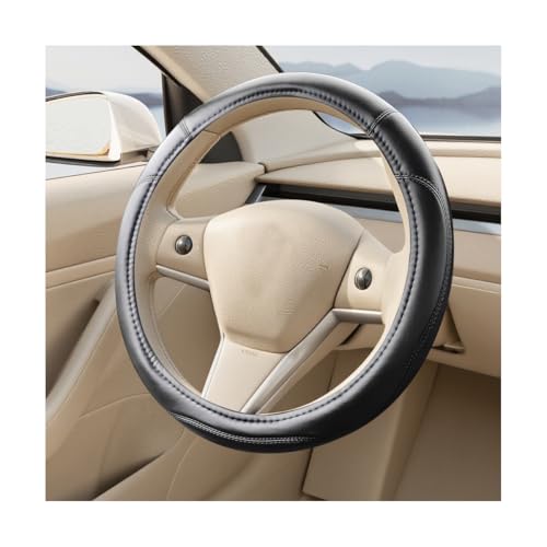 FALVFUN Car Steering Wheel Cover, 15 Inch Non-Slip Leather Full Surround Steering Wheel Guard with Inner Ring, Automotive Interior Protective Accessories, Compatible with Most Vehicle (Black)