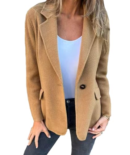 Sexyshine Women's Notch Lapel Single Button Wool Blend Blazer Casual Open Front Business Work Jacket Pea Coat