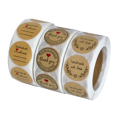 Handmade Stickers Set (1500PCS) - 1 Inch Kraft Thank You & Love Labels for Baking, Gift Packaging, Small Business - Self-Adhesive Eco-Friendly Stickers with 3 Unique Designs (Round 3 Rolls)
