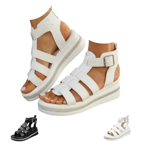 Wedge Gladiator Sandals for Women Chunky Gladiators Platform Wedge Orthopedic Sandal Open Toe Back Zipper (White,25.5 cm) [���s�A���i