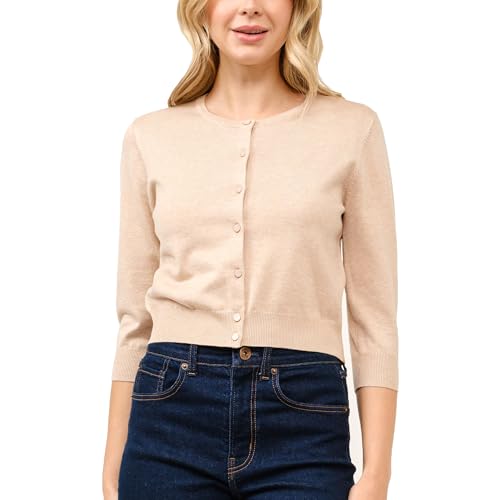Image of Women's Cropped Cardigan 3 /4 Sleeve Crewneck Button Up Sweater Knit Top (S~XL)