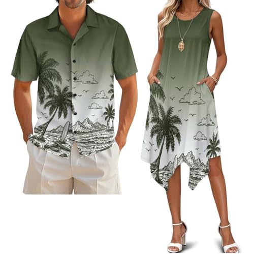 Belidome Hawaiian Matching Couples Outfits Green Tropical His and Her Beach Clothes Palm Tree Crew Neck Dress for Women Spring Sleeveless Dresses Workout Short Sleeve Shirts Men Button Down L