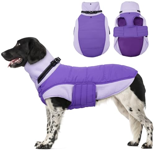 Image of BRKURLEG Dog Coat, Turtleneck Winter Jacket with Harness for Small Medium and Large Dogs, Windproof Reflective Warm Fleece Dogs Snowsuit with Hook & Loop, Dog Coats for Cold Weather, Purple XXL