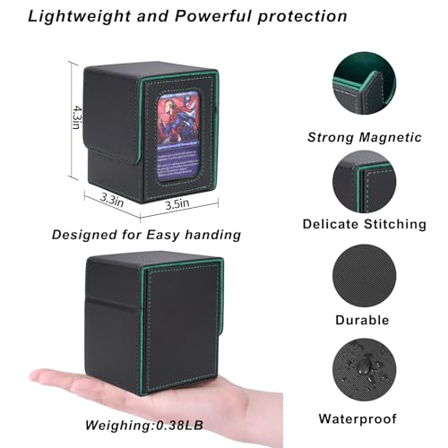 Image of AFIING MTG Deck Box for Commander Display,Card Deck case Fits 100 Double Sleeved Cards,Magic Commander TCG Card Storage Box with 2 Dividers,Dice Bag and Toploader Black Green