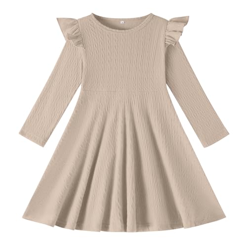 TATAKERI Toddler Girls Sweater Dresses Baby Long Sleeve Ruffle Knitted Winter Dresses for Girl Casual Solid Kids Fall Khaki