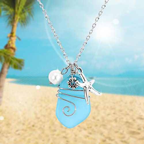 Sea glass necklace Beach Necklaces with Starfish Pendant Wire Wrapped Blue Sea Glass Jewelry Handmade Necklaces hawaiian ocean beach jewelry Necklaces for Women Girls4