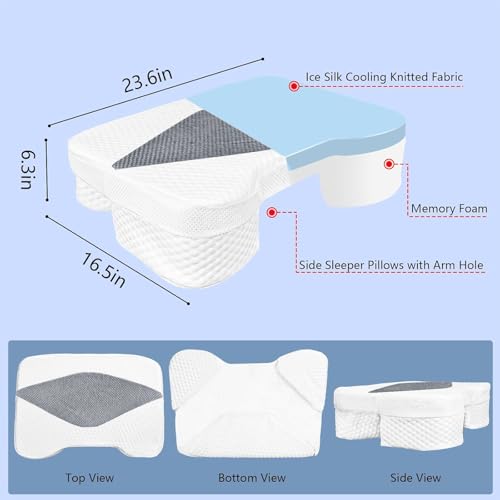 Image of Side Sleeper Pillow with Arm Holes, Memory Foam Pillow for Neck & Shoulder & Cervical Pain Relief, Ergonomic Arm Holes Positioner Cooling Bed Pillows for Side Stomach Sleeping (Black)
