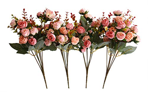 INMING 7 Branch 21 Heads Artificial Flowers Mini Rose Bouquet Silk Rose Bouquet Wedding Home Office Floral Decor Pack of 4 (Pink)