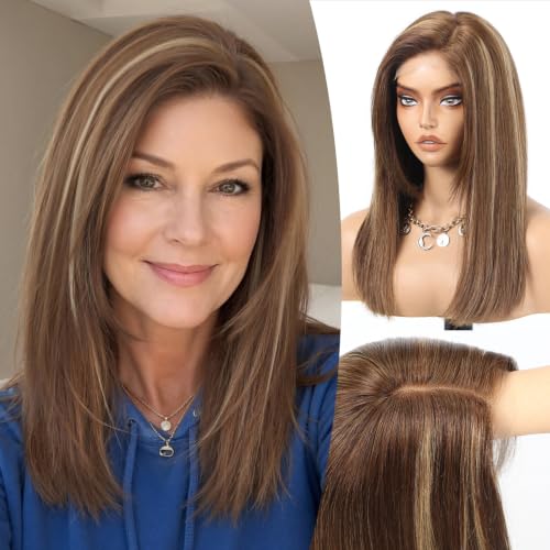 Image of KKU 100% Human Hair Wigs for Women,Real Human Hair Wigs,Side Swept Bangs Lace Front Wig(Brown With Blonde Highlight)