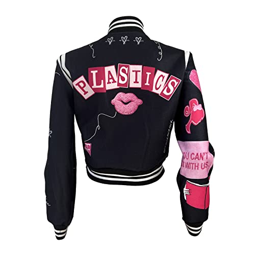 SaytoRose Varsity Jacket Women Print Vintage Patches Letterman Cropped Bomber Jacket Lightweight Dressy Cute Coat(Black,XL)