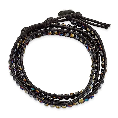 Ice Carats Dark Grey Aurora Borealis Crystals Bead Leather Multi Wrap Bracelet Adjustable Stretch Natural Stone Shell Wood Fashion Jewelry For Women Gifts For Her #TOP2