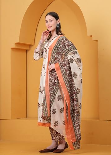 Image of Women's Indigo Blue Printed Anarkali Kurta with Palazzo Set, Long Sleeve V-Neck Ethnic Wear (IN, Alpha, S, Regular, Peach)