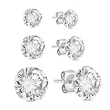 Jewelili 3 Pair Box Set Stud Earrings with White Round Cubic Zirconia 3MM, 4MM and 6MM in 10K White...