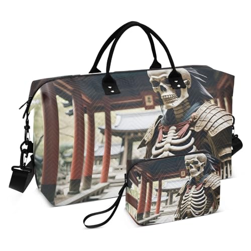 Large Travel Duffel Bag, Japanese Skeleton Warrior Sports Tote Gym Bag, Shoulder Weekender Overnight Bag for Women Men, Carry On Luggage with Toiletry Bags