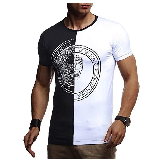Leif Nelson Herr sommar t-shirt rund hals slim fit bomull-andel basic män dödskalle t-shirt crew neck hoodie tröja kortärmad lång LN4395, Svart vit, L