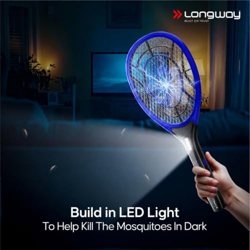 Image of Longway Zappy Rechargeable Mosquito Killer Racket Built in COB Light | 3500V DC Voltage on The Net Mesh| Mosquito Bat | 1 Month Stand by 500mah Long Lasting Internal Battery (Blue)