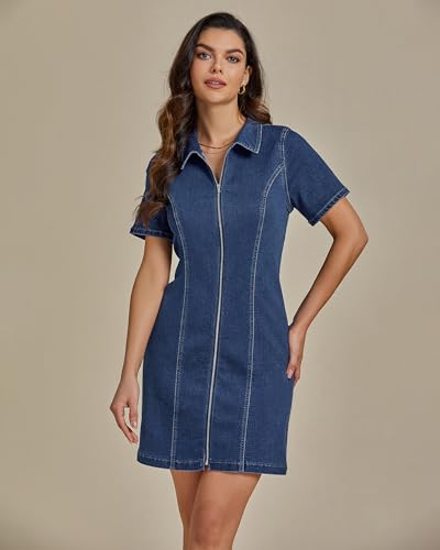 luvamia Denim Dresses for Women Summer Casual Zip Up Short Sleeve Western Short Stretchy Jean Dress with Pockets4