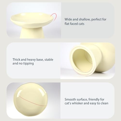 Image of Wide Shallow 6.1 inch Raised Cat Bowls, Ceramic Elevated Food Plate for Flat Faced Cats and Small Dogs, Porcelain Feeder Bowl, Stress Free, Protect Cat's Spine, Cream