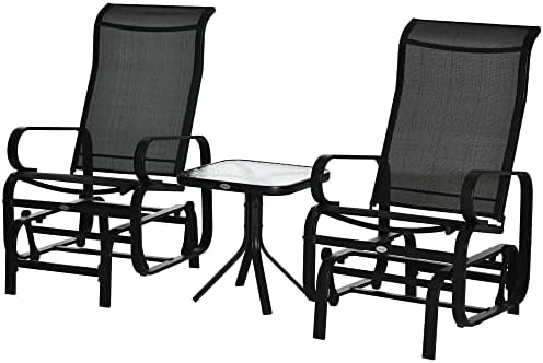 Outsunny 3 PCs Metal Outdoor Gliding Rocking Chair With Tea Table Patio Garden Comfortable Swing Chair Black