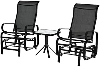 Outsunny 3 PCs Metal Outdoor Gliding Rocking Chair With Tea Table Patio Garden Comfortable Swing Chair Black