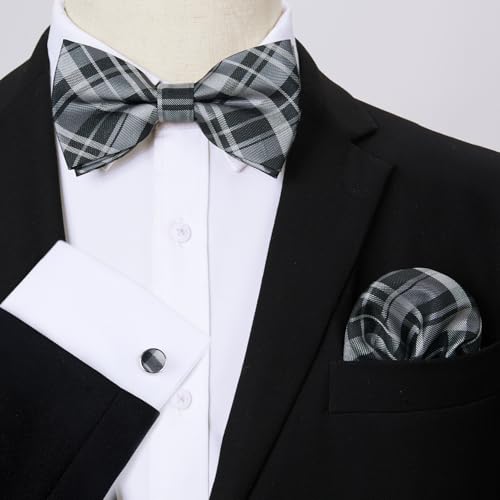 Image of HISDERN Mens Plaid Bow Tie Set Pocket Square and Cufflinks Bowtie | Pretied Bowties Design for Easy Wear,Check Pattern,Matching Handkerchief Cuff Link,3PCS Set Wedding Formal Party Groom Prom