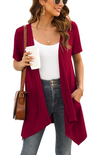 Image of Veryoung Floral Short Sleeve Cardigans for Women Casual Drape Open Front Lightweight Summer Cardigan with Pocket High Low Hem