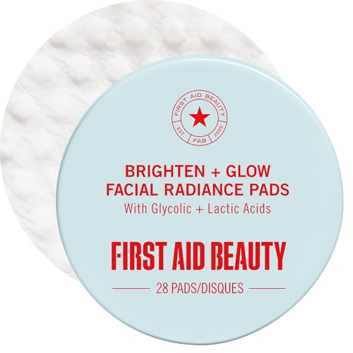First Aid Beauty Facial Radiance Pads, Daily AHA Exfoliating Pads with Glycolic & Lactic Acid, Tone & Brighten, Minimize Pores, Makeup Prep, Compostable, 28 ct