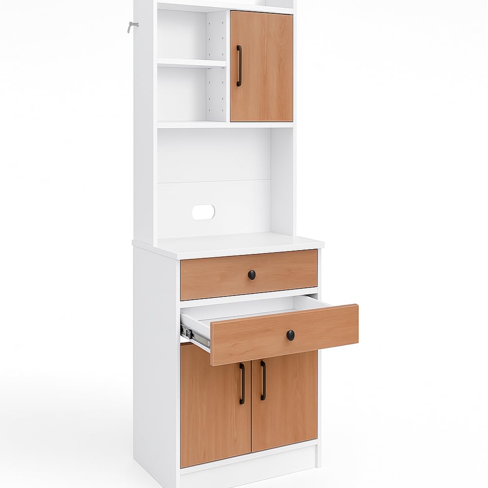 BAKAJI Armadio da Cucina Alto Multiuso, Credenza Mobile da Soggiorno, Sala da Pranzo, Salvaspazio, Sistema di Sicurezza, Mobiletto Dispensa con 2 Ante e 1 Cassetto, 55 x 40 x 180 cm (Bianco e Quercia)