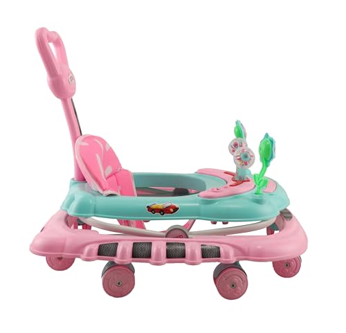 Image of JoyRide Spinny Spinner 8 Wheels Baby Walker, Adjustable Height,Parentle Handle, Comfortable Seat, Music and Light, 360 Degree Rotation, Maximum Weight: 12 kg (Green Pink)
