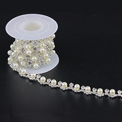 Jerler 1 Yard Crystal Rhinestone Trim Chain, Inlaid Pearl Beaded For Diy Decoration And Bridal Embellishments, Ideal For Wedding Party, 0.3" Width #TOP2