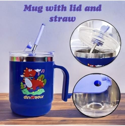 Image of Insulated Mug with Lid and Straw, Stainless Steel,12.5 x 11.5 cm, with Handle (Dino)