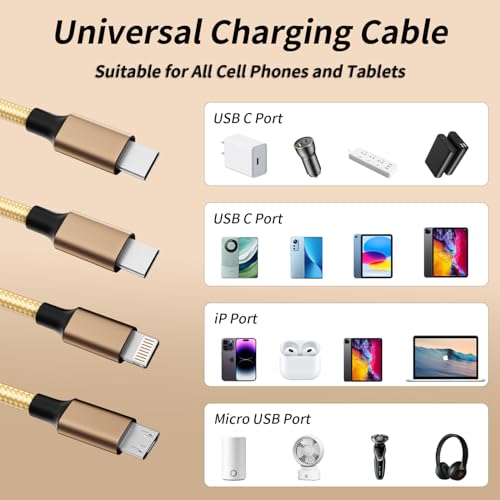 Image of IDISON USB C Multi Charging Cable [2Pack 4FT], 3 in 1 Charging Cable Nylon Braided USB-C Multiple Charger Cord with Type-C, Micro USB and IP Port for Cell Phones and More (Golden)