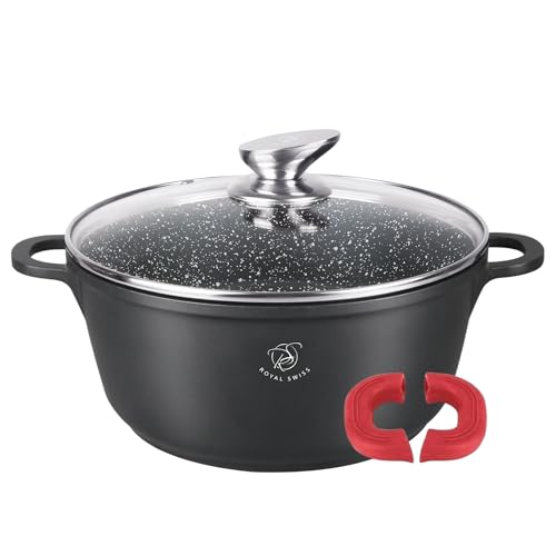 Royal Swiss Pentola, 40 cm, nero, 19,5 l, rivestimento in marmo, coperchio in vetro, adatto per induzione e forno, in alluminio pressofuso, manici in silicone rimovibili (nero, 36 cm)