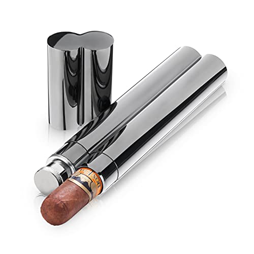 Viski Stainless Steel Cigar Case with 2 oz Screw Cap Liquor Flask Combo, Metal Pocket Single Cigar Tube and Whiskey Flask, Travel Gifts for Men, Groomsmen Gifts, Gunmetal Black