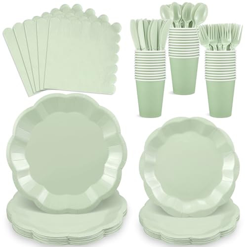 NatNarr 175 Pcs Sage Green Plates and Napkins Set 25 Guest Sage Green Party Supplies Include Scalloped Paper Plate Napkin Cup Plastic Forks Knives Disposable Cutlery for Wedding Baby Shower Birthday