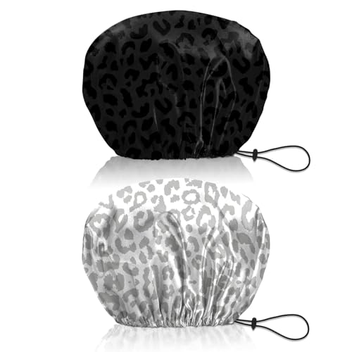 BHAHB 2 PCS Shower Cap Reusable Waterproof Double Layer Elastic Adjustable Hair Bath Caps Cute Aesthetic for Women Girls-Black White Leopard