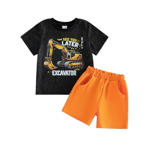 Fernvia Toddler Boys Boy Clothes Short Sleeve Excavator Print T-shirt with Shorts Set 2T 3T 4T 5T 6T 7T Summer Casual Outfit (A Black 5-6 Years)