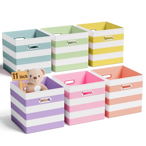 Image of CroBlissful 6 Pcs 11 Inch Fabric Storage Cubes with Metal Handle Macaron Colored Striped Style Collapsible Bins Organizer for Books Kids Room Closet Toys School Nursery Gift