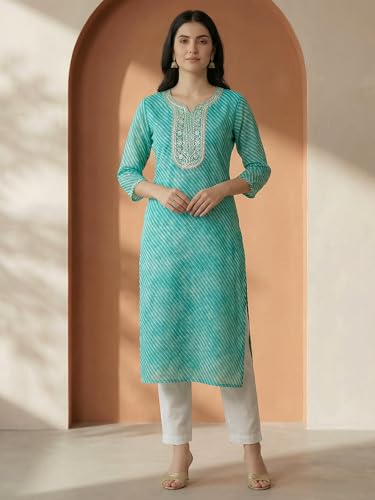 Image of INDO ERA Women's Georgette Leheriya Printed Straight Calf Length Kurtas (IEAI12232)
