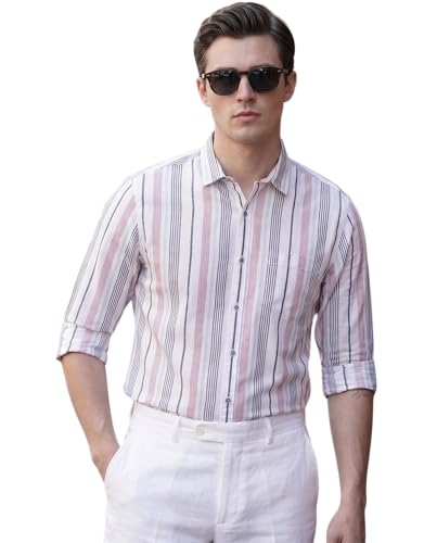 Image of IndoPrimo Men's White Striped Slim Fit Casual Shirt | Premium Cotton Full Sleeve Button-Down Shirt with Chest Pocket | Stylish Office