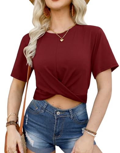 T-shirt d'été bordeaux court pour femme de taille S avec col rond torsadé chic
