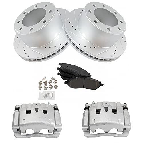 Image of TRQ Rear Performance Brake Pad, Caliper, & Rotor Kit Semi-Metallic Vented Premium G-Coated Compatible with 2005-2007 Ford F-250 Super Duty F-350 Super Duty
