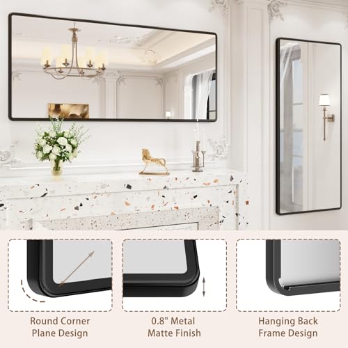 New Upgrade Bathroom Mirror, 60X28 Inch Black Metal Frame Wall Mounted Rounded Rectangle Bathroom Vanity Mirror with Tempered Glass for Washroom Bedroom Living Room