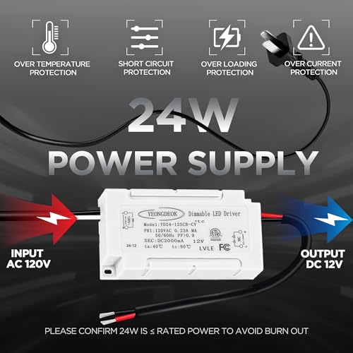 Image of Dimmable 12V 24W LED Driver with US Plug, AC 120V to DC 12V LED Electronic Transformer, Dimming Power Supply 12V 2A Constant Voltage LED Driver, AC to DC Converter for Track Lights, Puck Light
